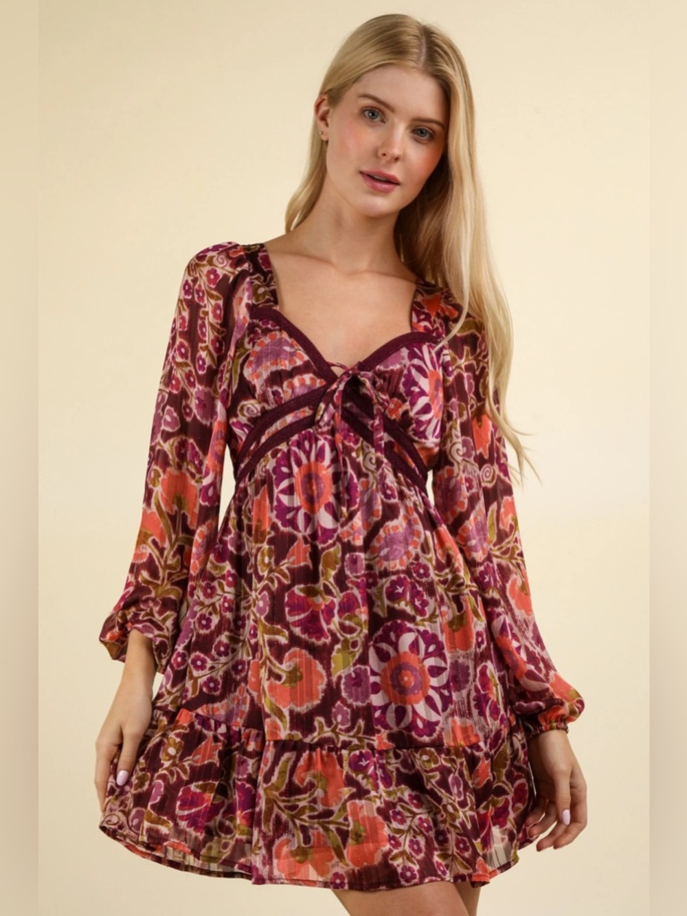 Very J Floral Midi Dress in Plum, Pink and Orange